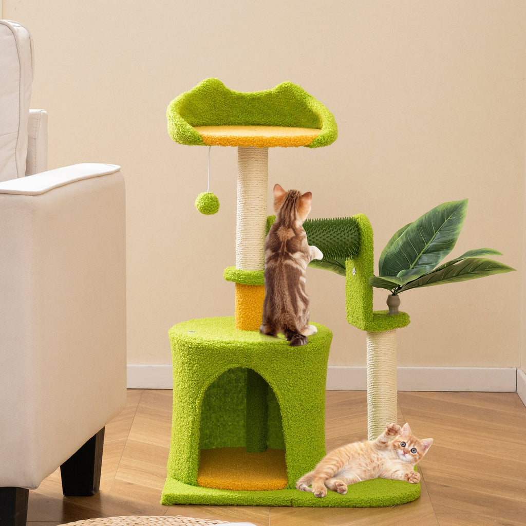 Cute Palm Cat Tree for Indoor Cats with Artificial Leaves-Green