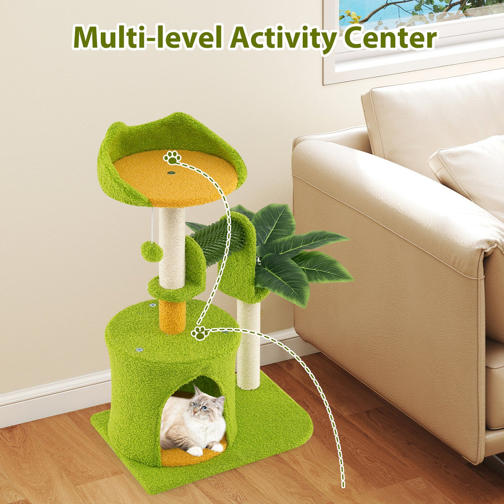 Cute Palm Cat Tree for Indoor Cats with Artificial Leaves-Green