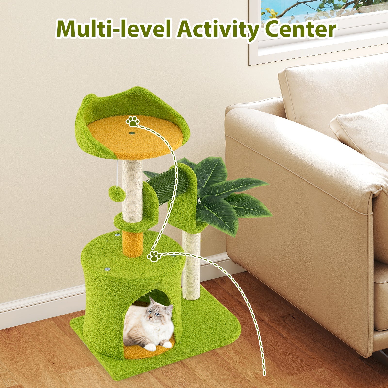 Cute Palm Cat Tree for Indoor Cats with Artificial Leaves-Green