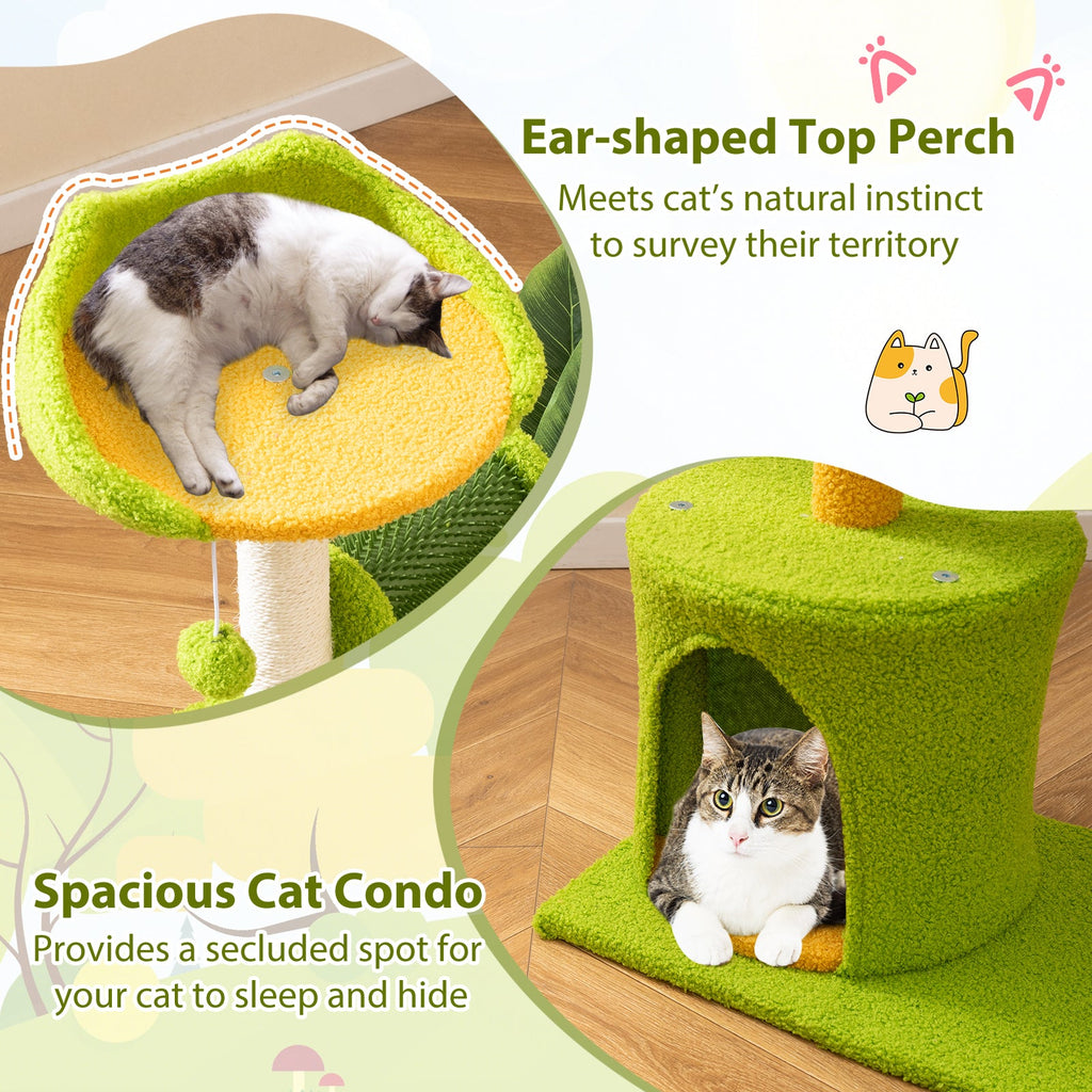 Cute Palm Cat Tree for Indoor Cats with Artificial Leaves-Green
