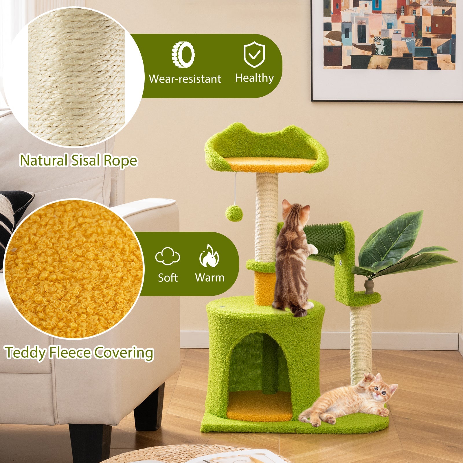 Cute Palm Cat Tree for Indoor Cats with Artificial Leaves-Green