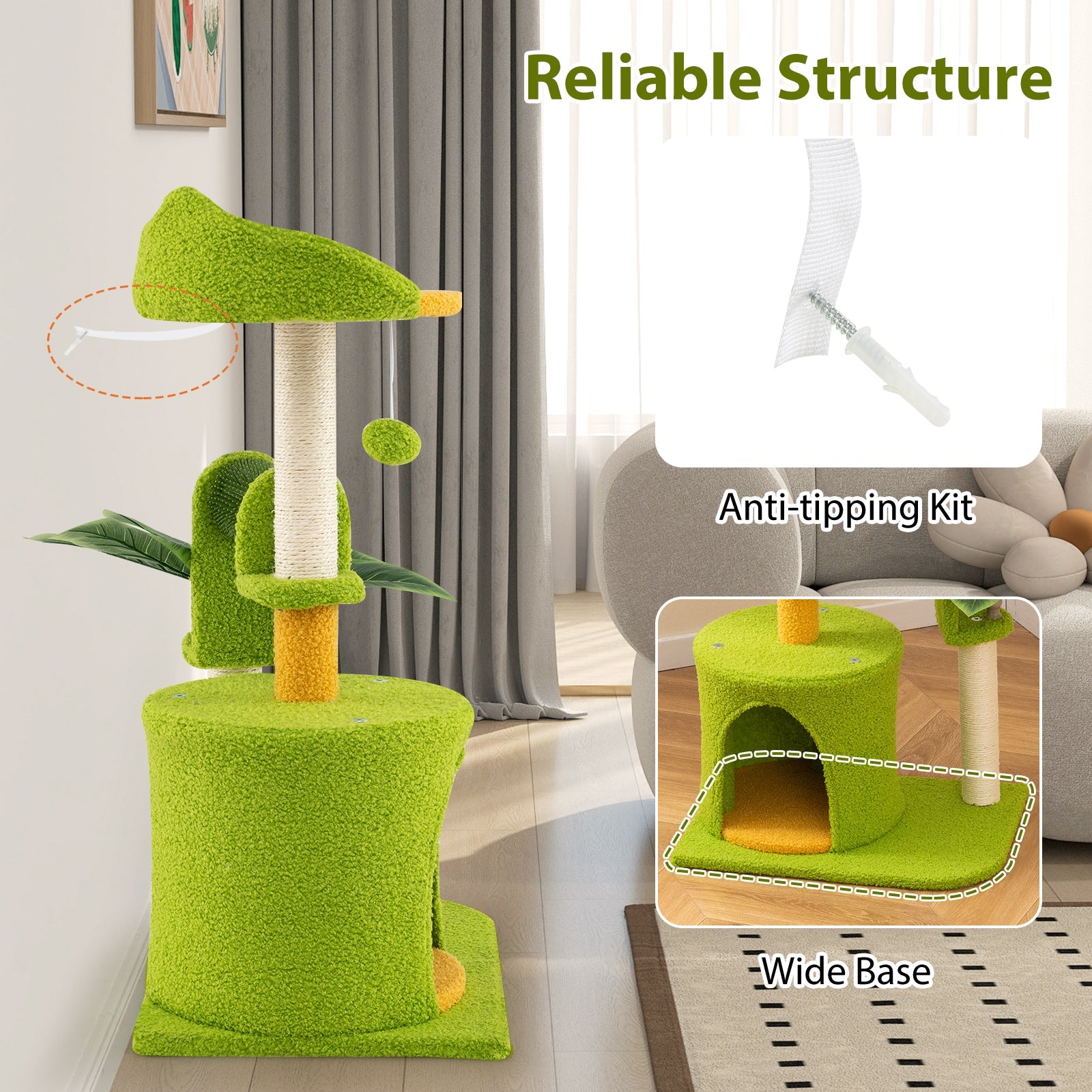 Cute Palm Cat Tree for Indoor Cats with Artificial Leaves-Green