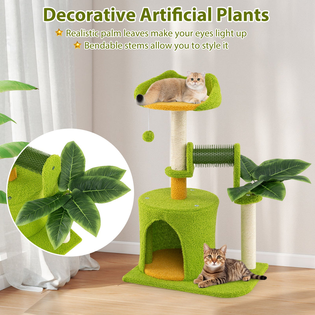 Cute Palm Cat Tree for Indoor Cats with Artificial Leaves-Green