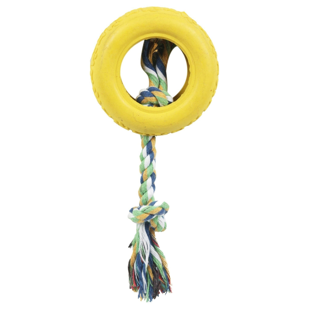 Pet Life ® Rubberized Chew Jute Rope and Tire Pet Dog Toy Yellow