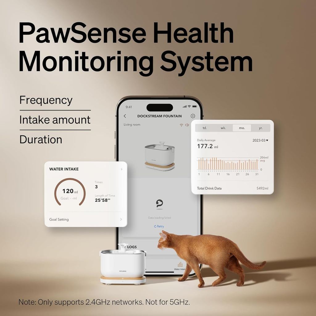 Dockstream Wireless Water Pump App Cat Fountain | Smart Stainless Steel Hydration System with App Tracking