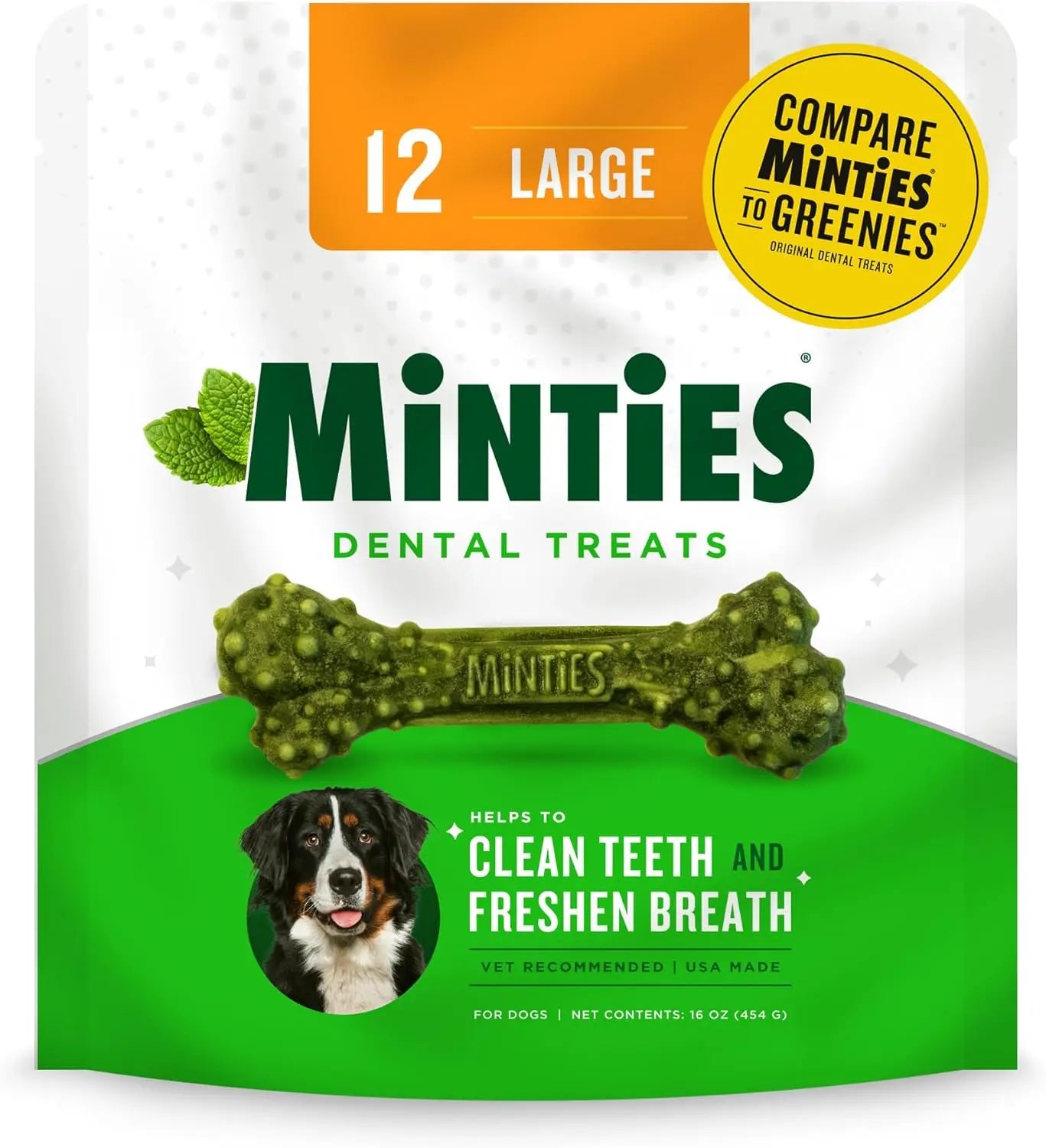 Minties Dental Dog Treats – Vet-Recommended Mint Bones for Clean Teeth Large Mint 16 Ounces