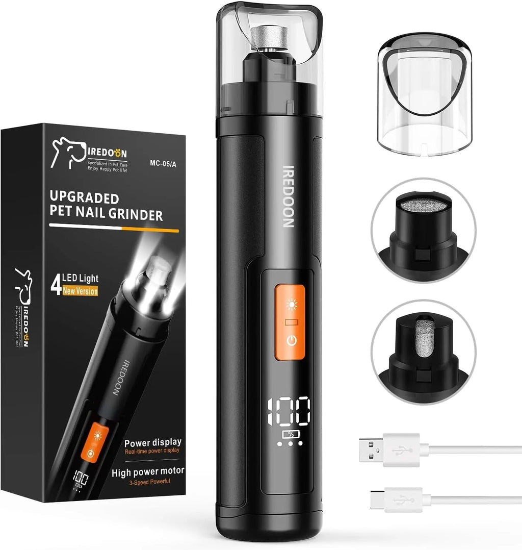 Dog Nail Grinder 3-Speed Quiet w LED Lights Professional Grooming Black