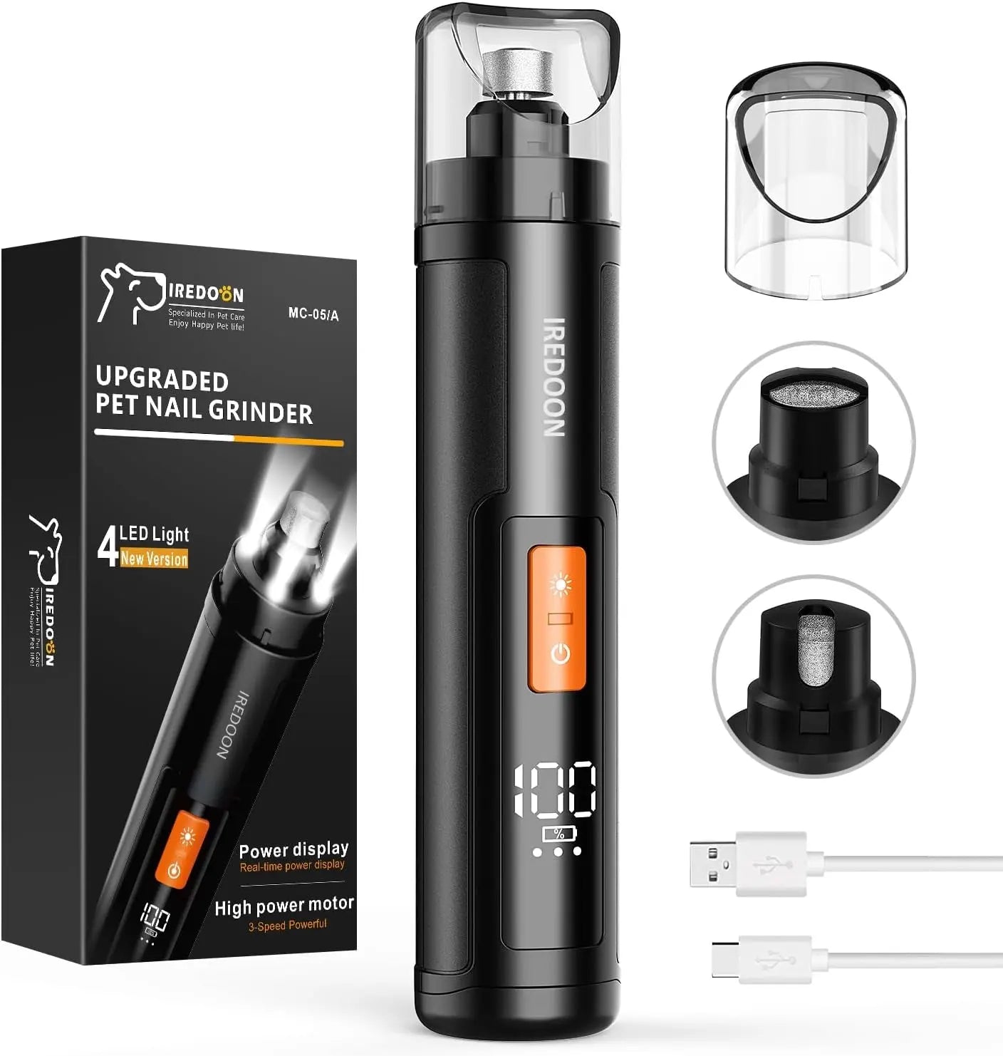 Dog Nail Grinder 3-Speed Quiet w LED Lights Professional Grooming Black