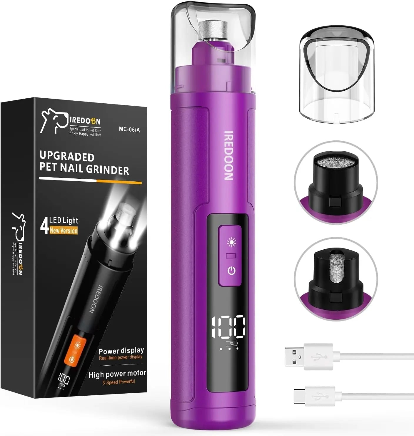 Dog Nail Grinder 3-Speed Quiet w LED Lights Professional Grooming Purple