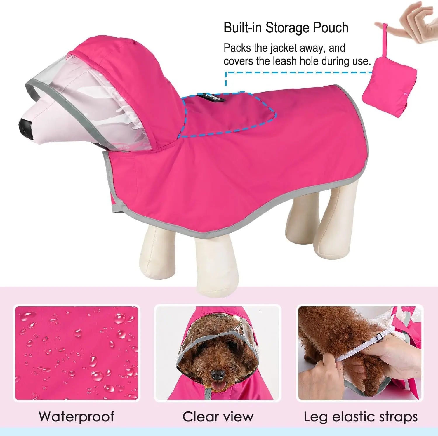 Dog Raincoat with Clear Hood Reflective Trim Adjustable XS–3XL in 3 colors