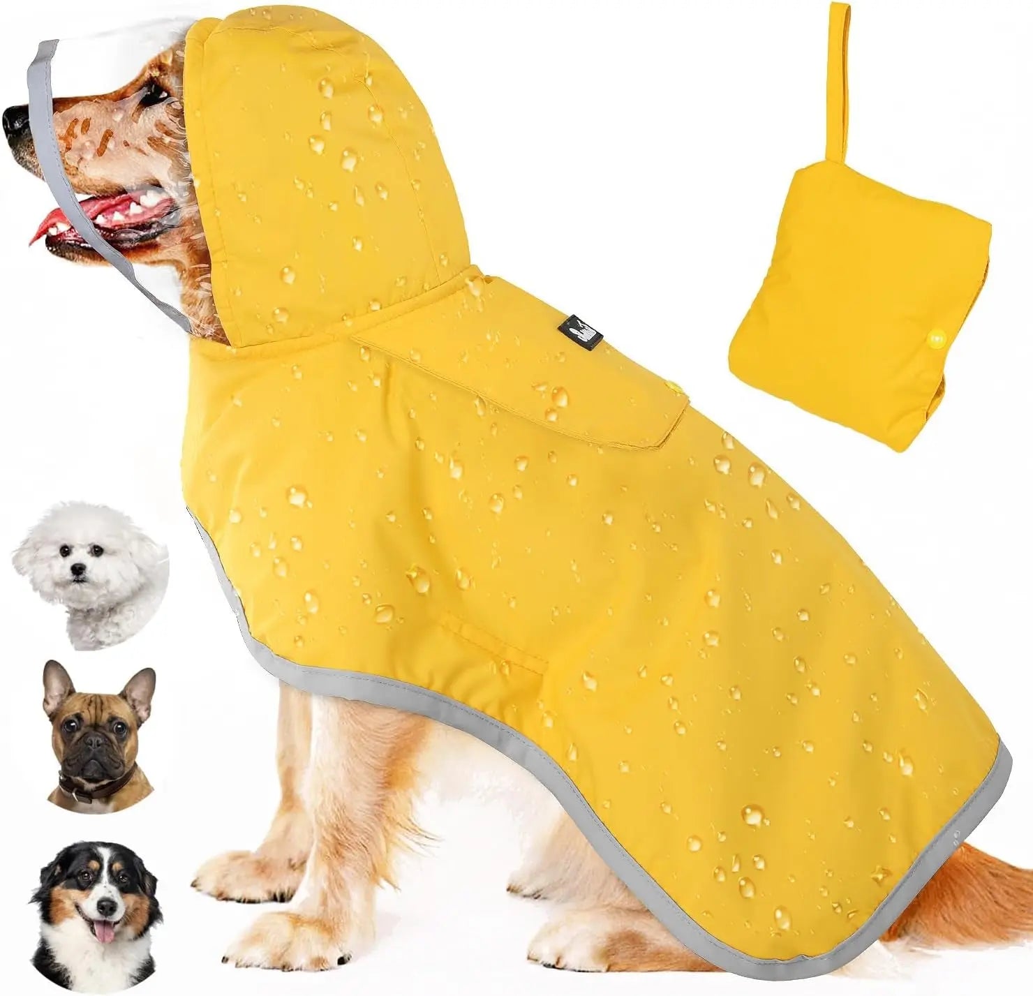 Dog Raincoat with Clear Hood Reflective Trim Adjustable XS–3XL in 3 colors A-Yelllow Medium