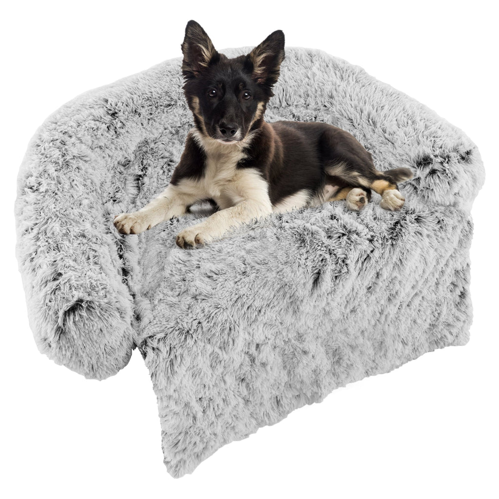 Gray Plush Calming Dog Couch Bed with Anti-Slip Bottom M