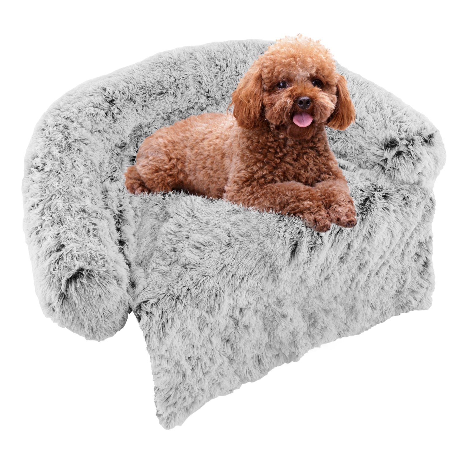 Gray Plush Calming Dog Couch Bed with Anti-Slip Bottom S
