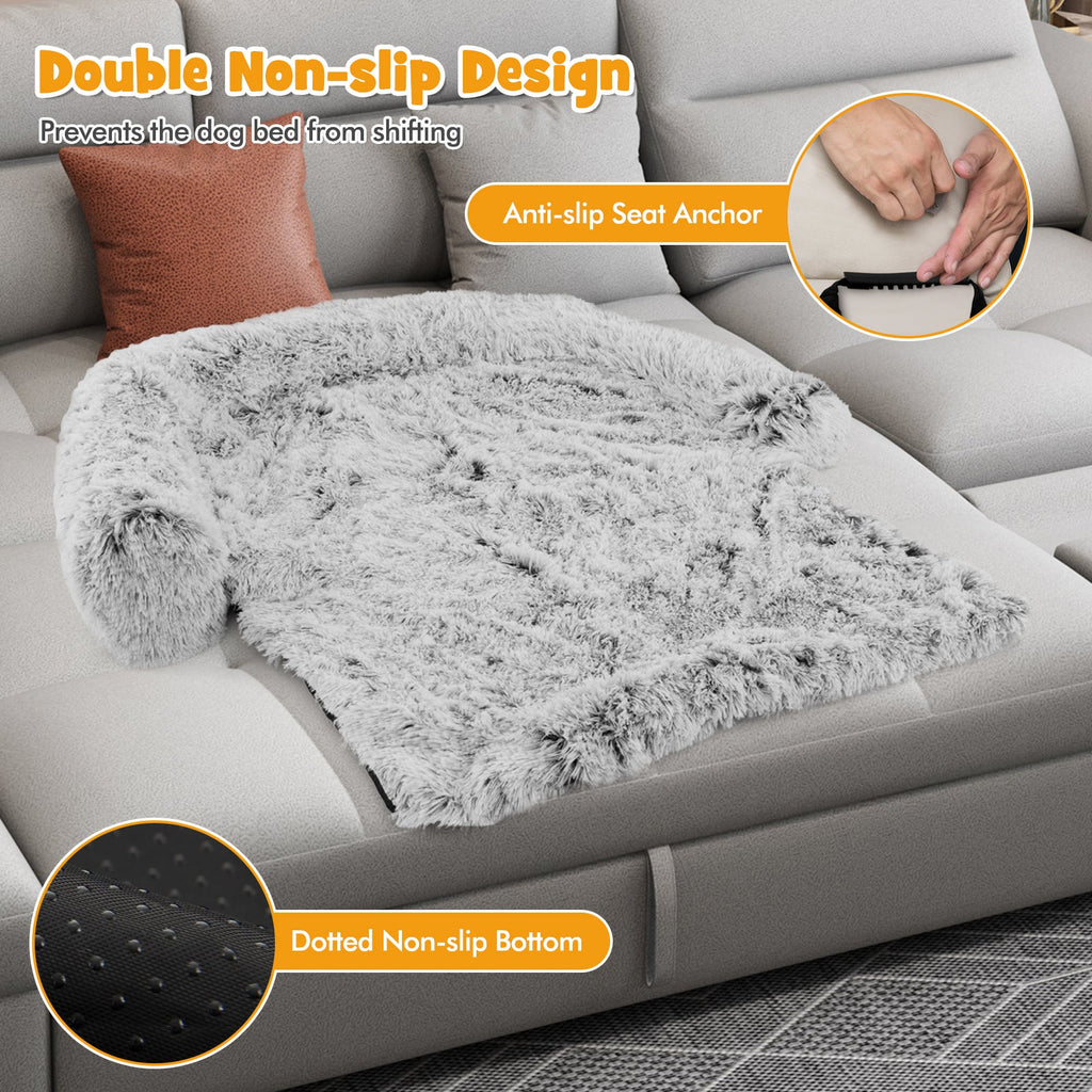 White Plush Calming Dog Couch Bed with Anti-Slip Bottom-M
