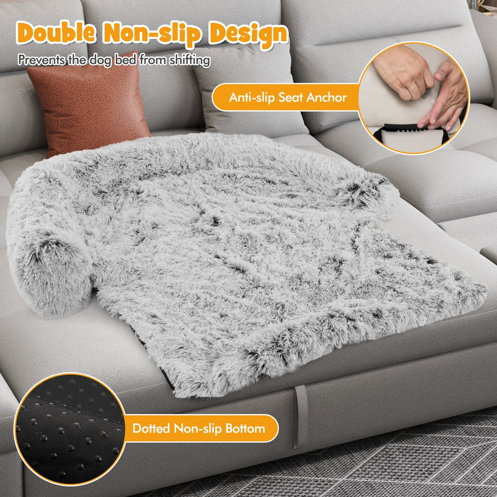 Gray Plush Calming Dog Couch Bed with Anti-Slip Bottom