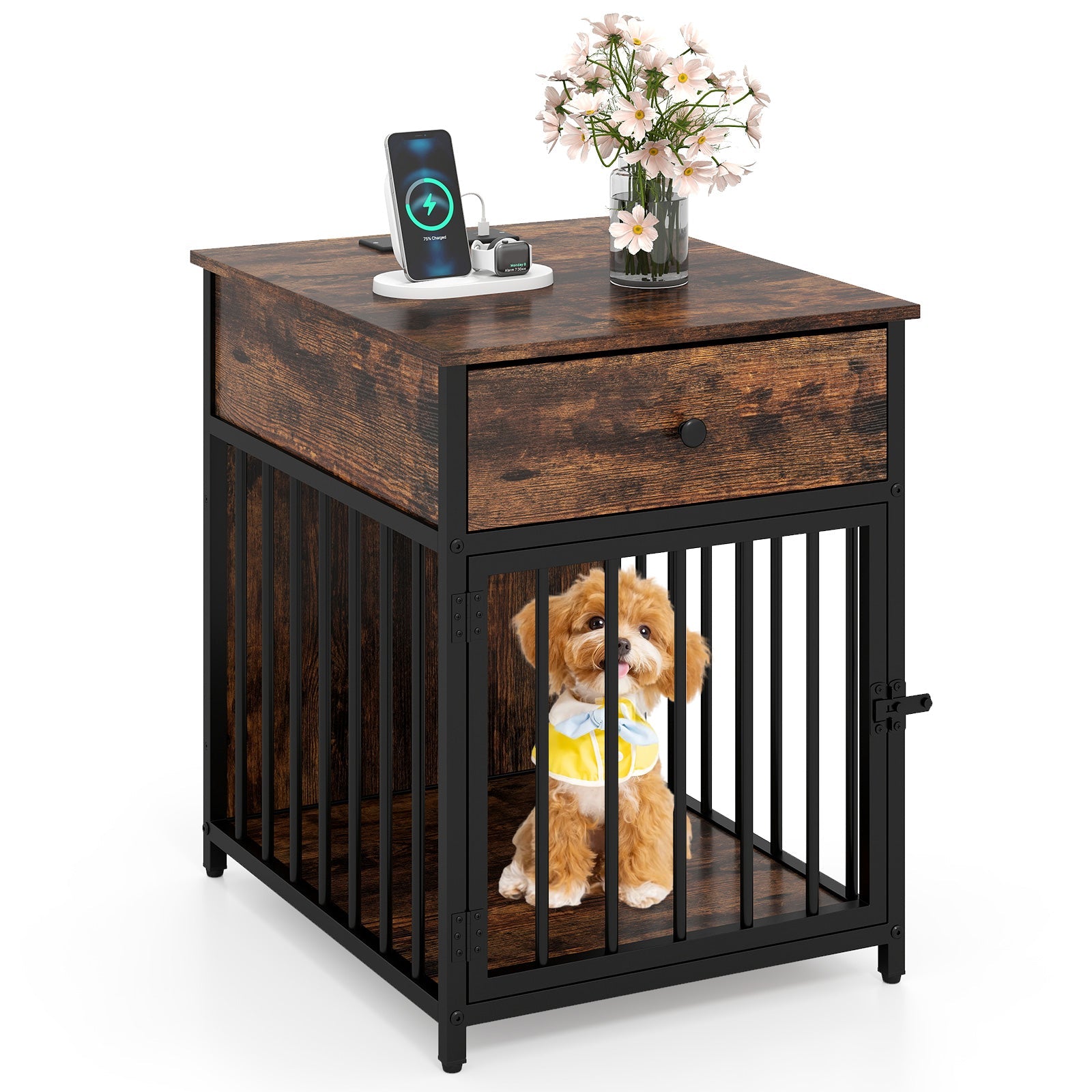 Dog Crate Furniture for Small Dogs Wooden Puppy Kennel with Charging Station-Rustic Brown Default Title