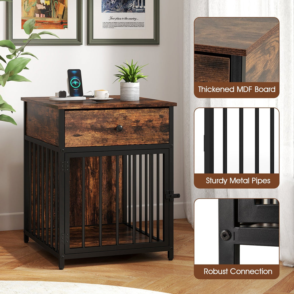 Dog Crate Furniture for Small Dogs Wooden Puppy Kennel with Charging Station-Rustic Brown