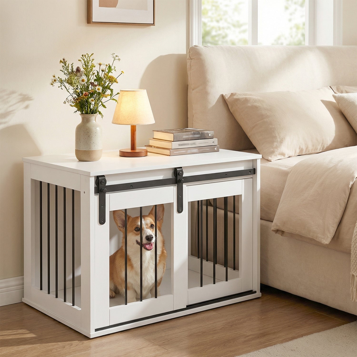 Dog Crate Furniture Heavy Duty Dog Kennel with Sliding Barn Door