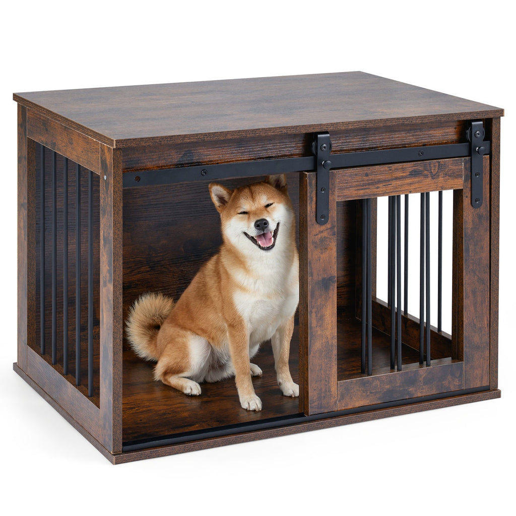 Dog Crate Furniture Heavy Duty Dog Kennel with Sliding Barn Door Rustic Brown