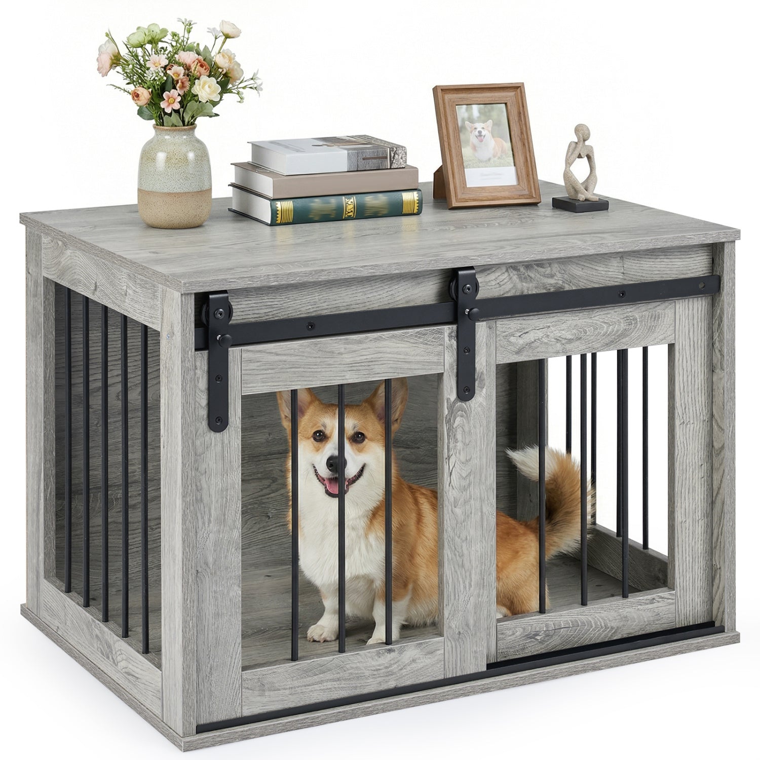 Dog Crate Furniture Heavy Duty Dog Kennel with Sliding Barn Door Gray