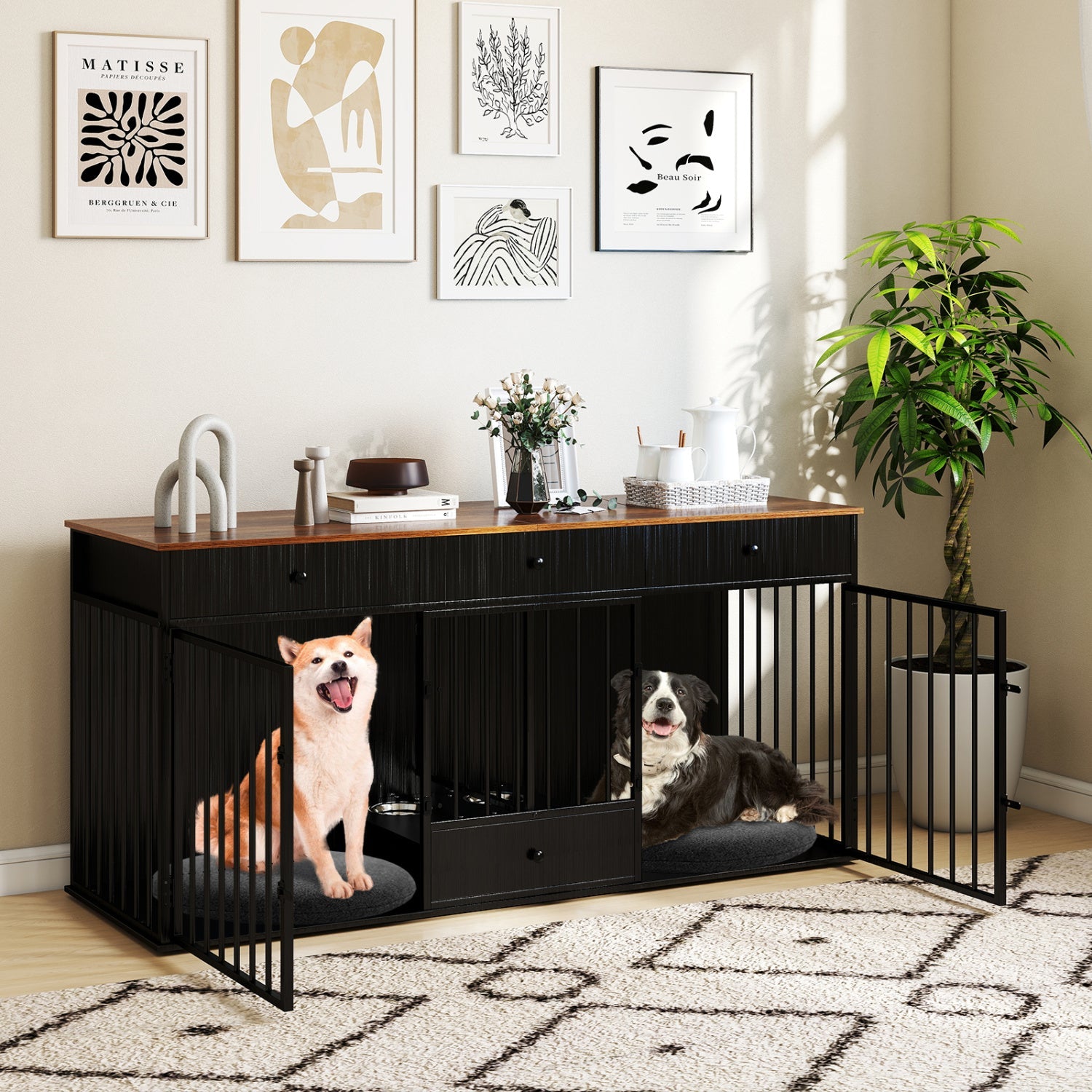 Dog Crate Furniture Indoor Modern Dog Kennel with Divider 3 Drawers and Pull-out Feeder