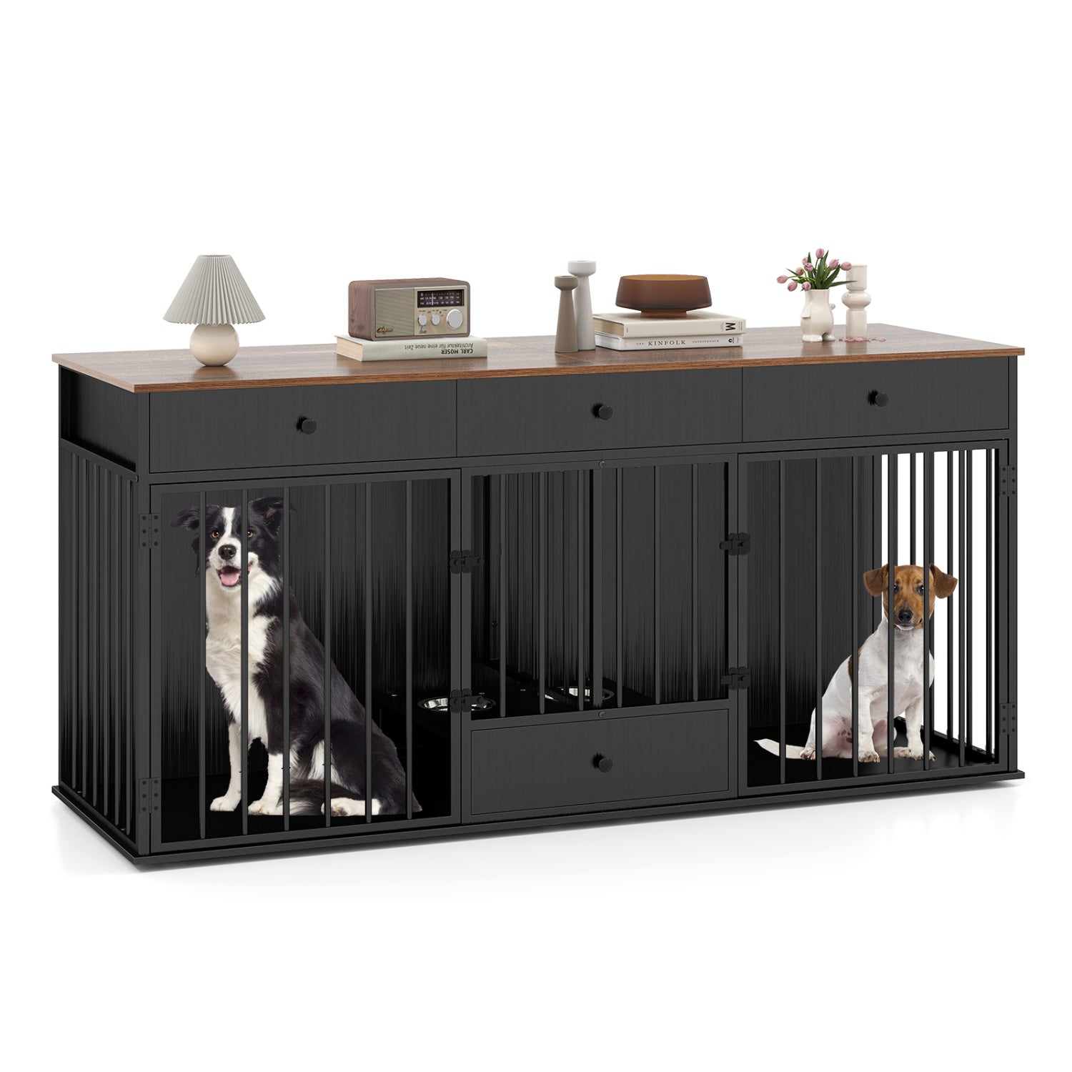 Dog Crate Furniture Indoor Modern Dog Kennel with Divider 3 Drawers and Pull-out Feeder Black