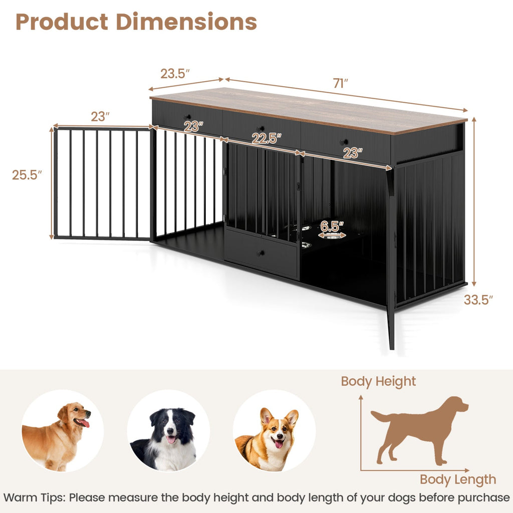 Dog Crate Furniture Indoor Modern Dog Kennel with Divider 3 Drawers and Pull-out Feeder