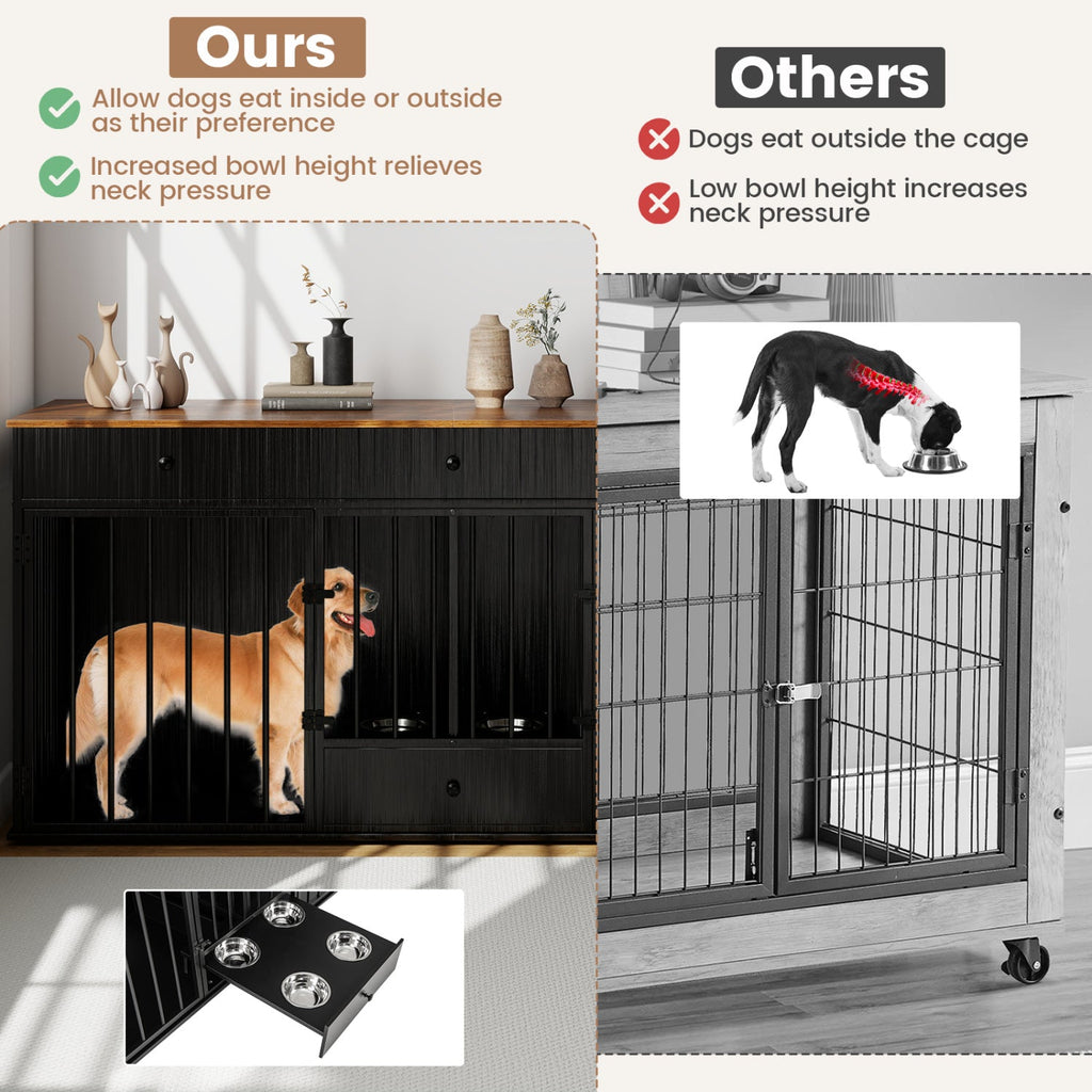 Dog Crate Furniture Indoor Modern Dog Kennel with Divider 3 Drawers and Pull-out Feeder