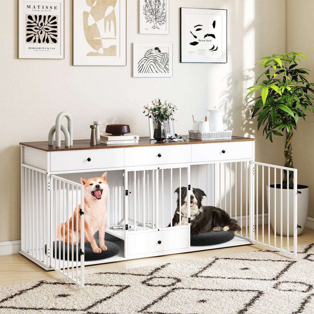 Dog Crate Furniture Indoor Modern Dog Kennel with Divider 3 Drawers and Pull-out Feeder