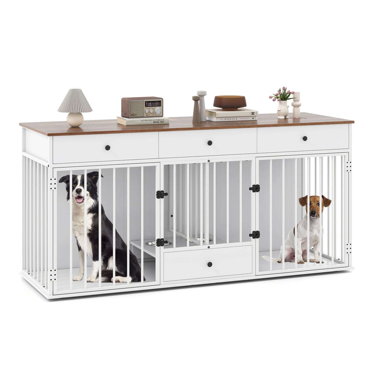 Dog Crate Furniture Indoor Modern Dog Kennel with Divider 3 Drawers and Pull-out Feeder White