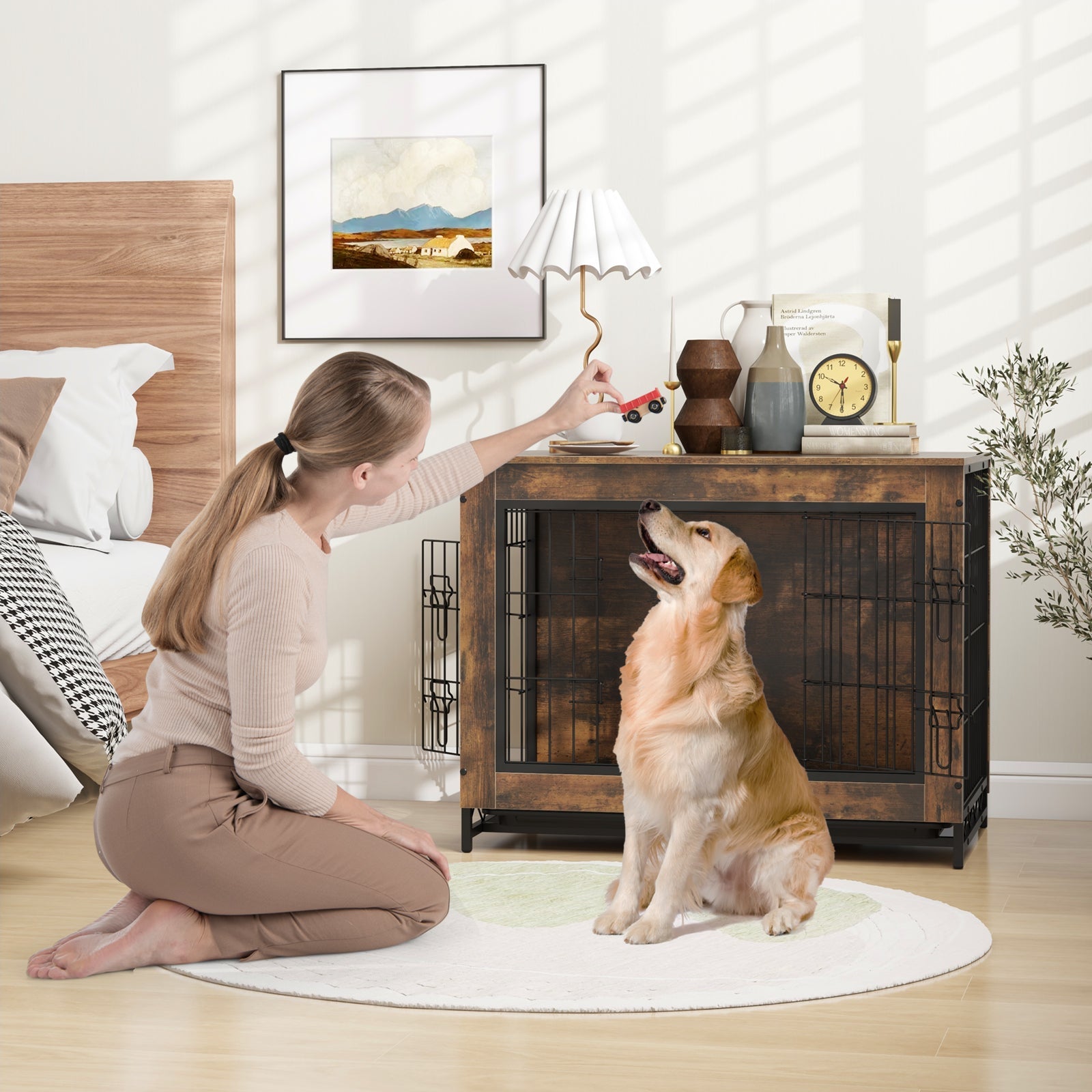 Dog Crate Furniture with Double Lockable Doors and Removable Pull-out Tray
