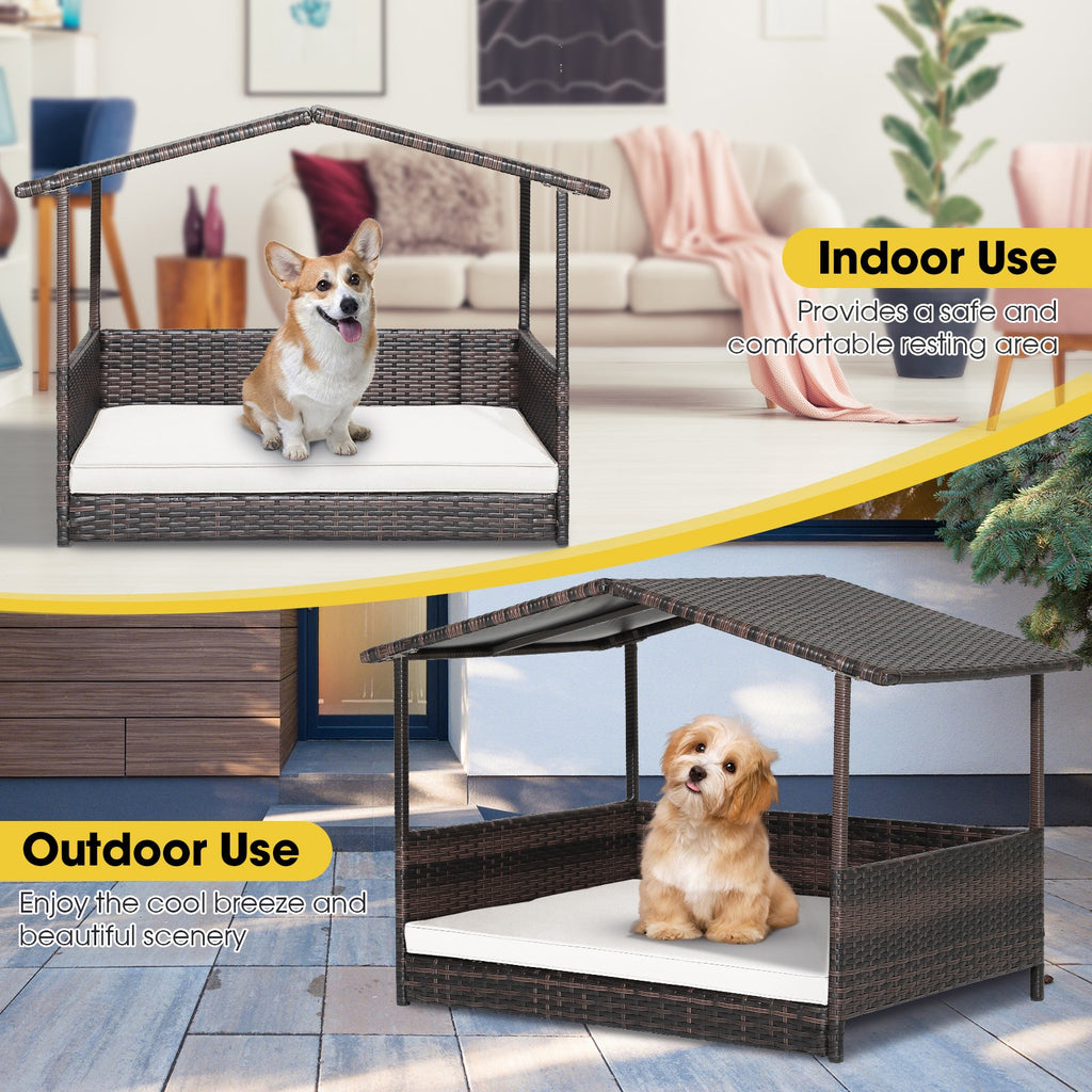 Wicker Dog House with Waterproof Roof and Washable Cushion Cover