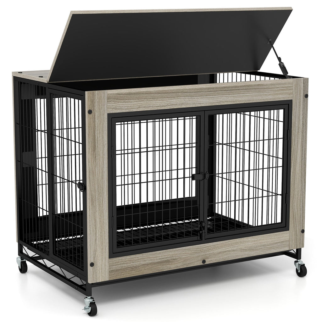 Industrial Dog Kennel with Flip-up Top 3 Lockable Doors and Removable Tray Gray