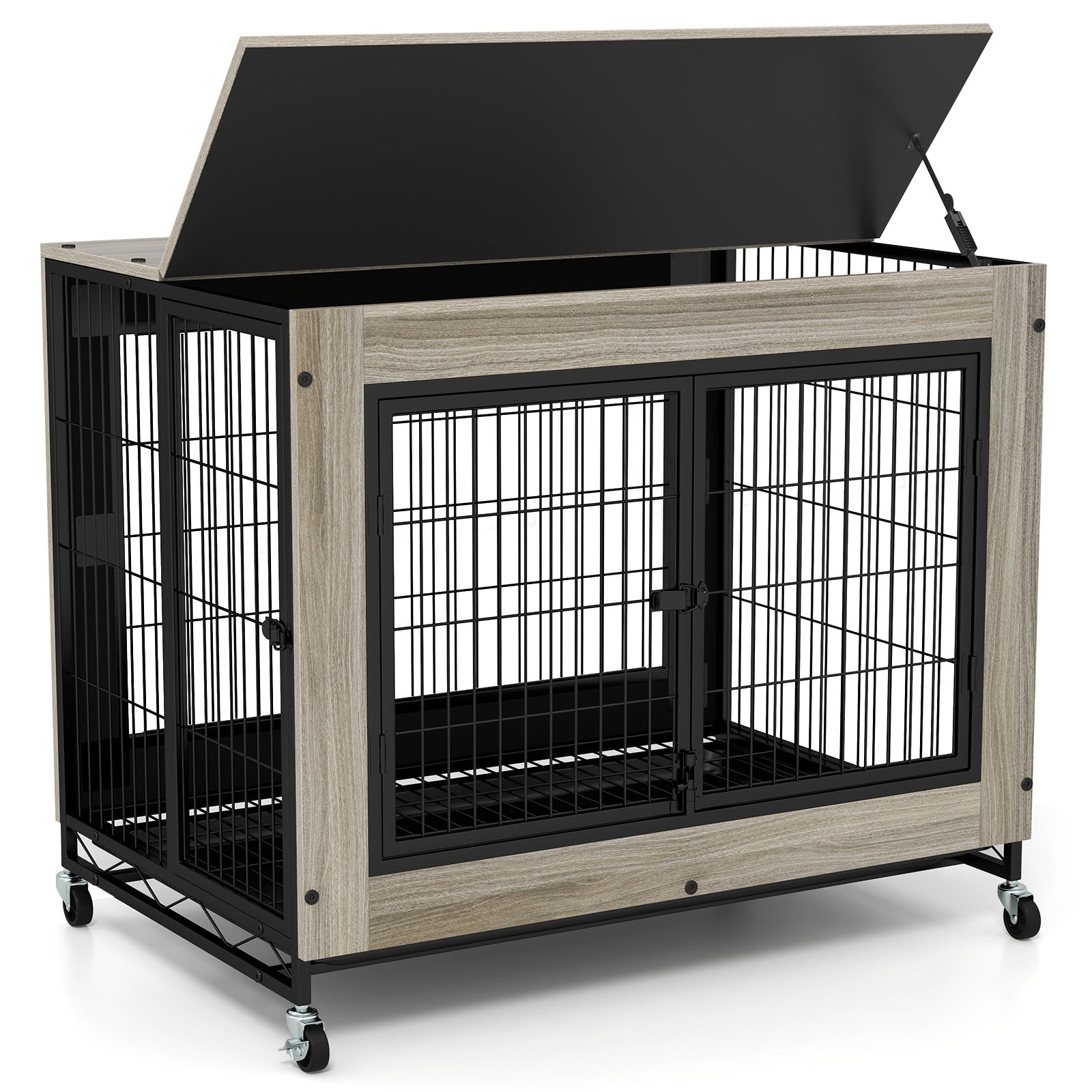Industrial Dog Kennel with Flip-up Top 3 Lockable Doors and Removable Tray Gray