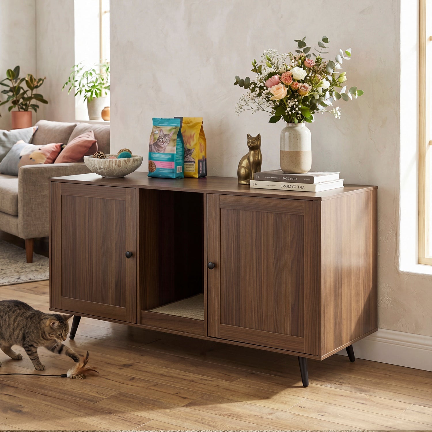 Double Cat Litter Box Enclosure with Scratching Pad Walnut
