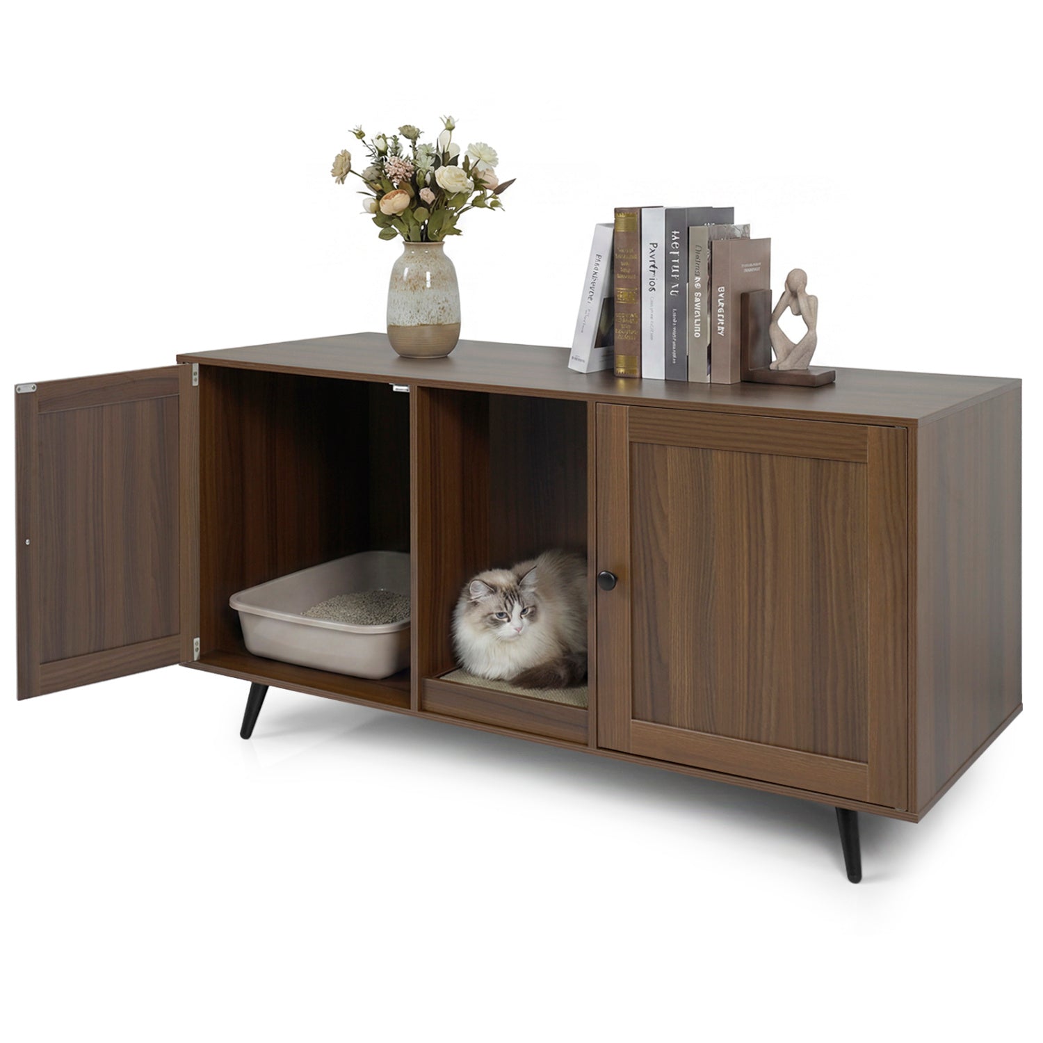 Double Cat Litter Box Enclosure with Scratching Pad