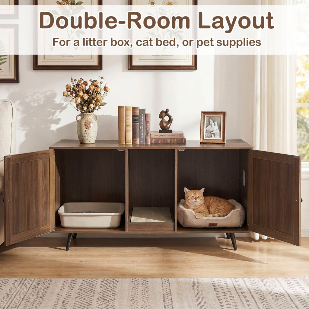 Double Cat Litter Box Enclosure with Scratching Pad