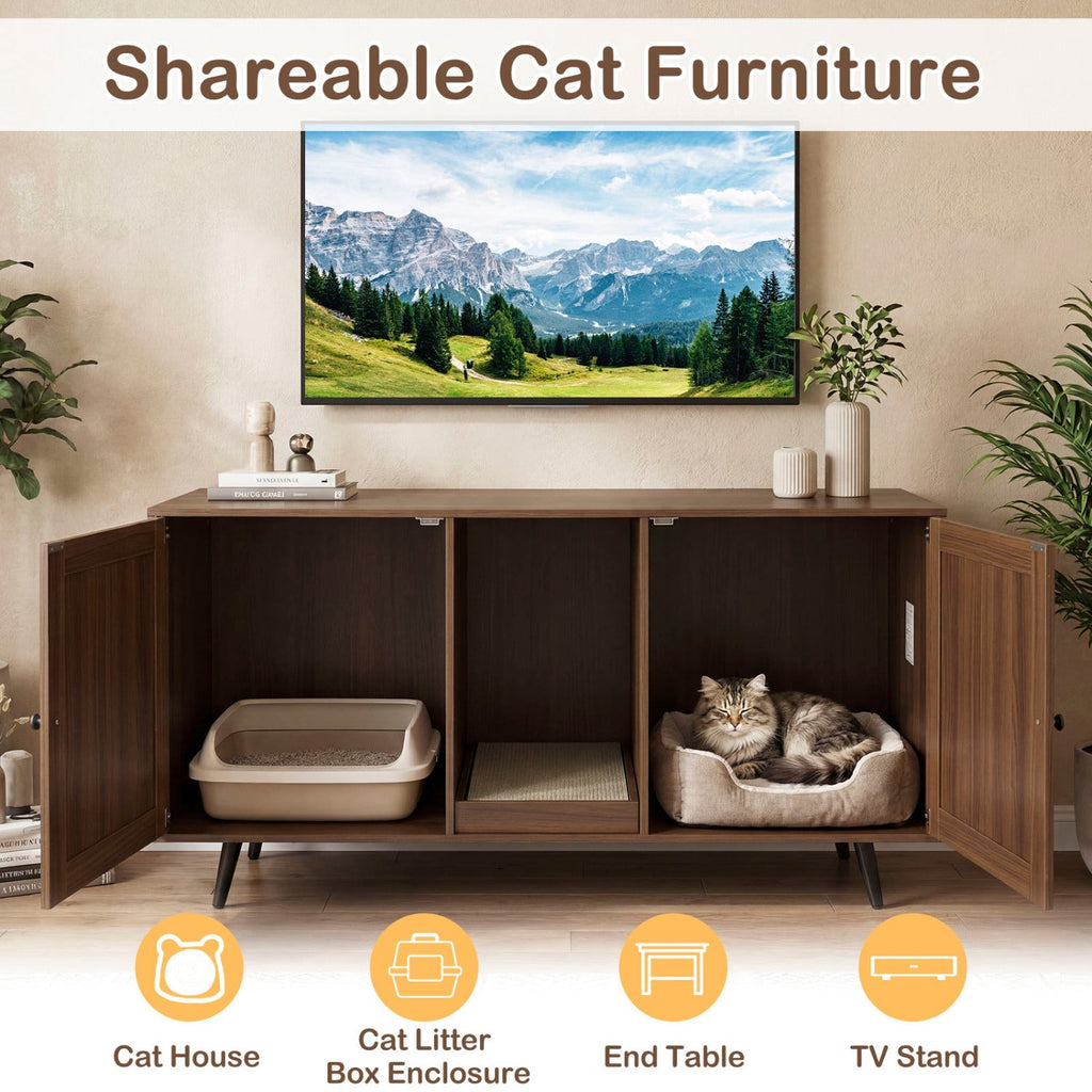 Double Cat Litter Box Enclosure with Scratching Pad