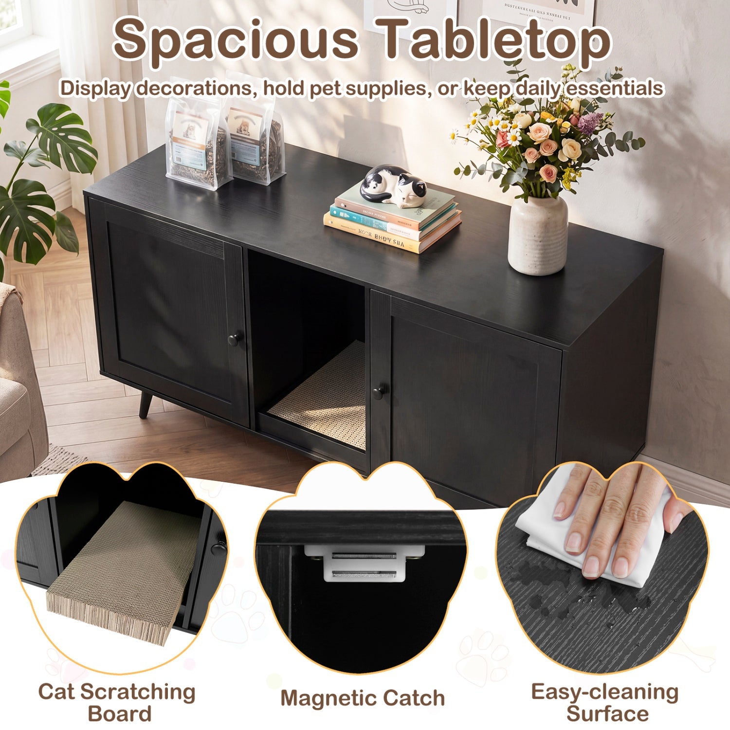 Double Cat Litter Box Enclosure with Scratching Pad