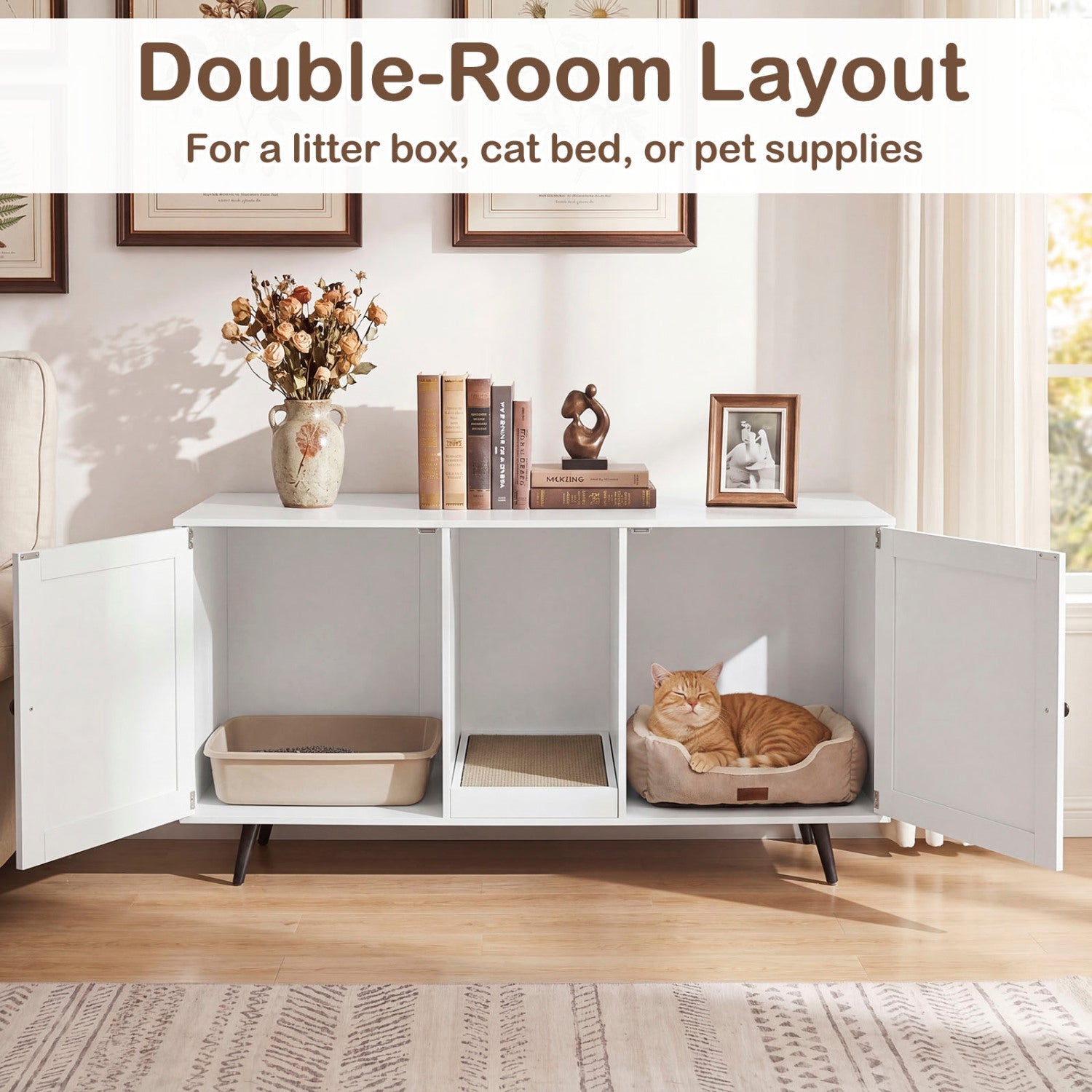 Double Cat Litter Box Enclosure with Scratching Pad