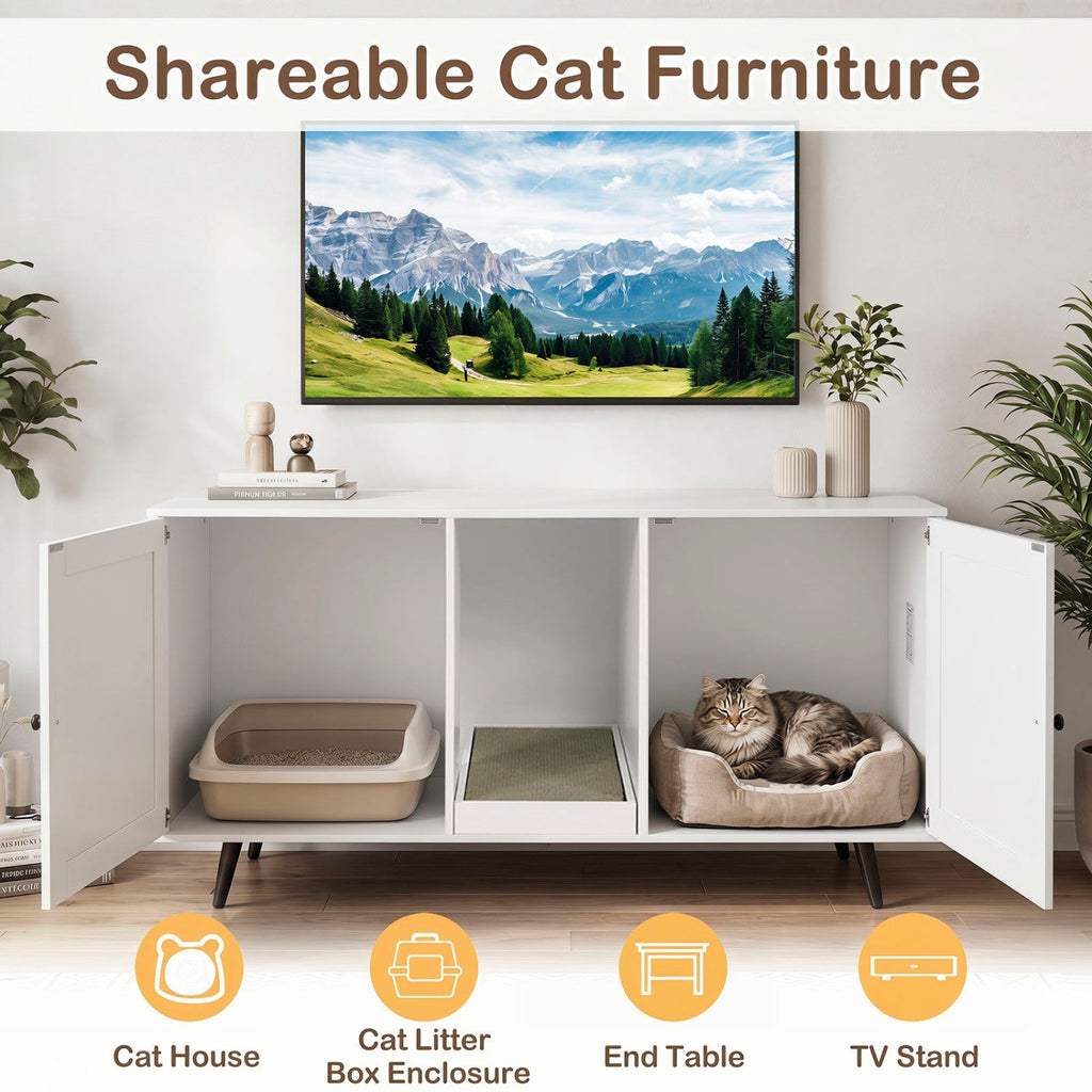 Double Cat Litter Box Enclosure with Scratching Pad
