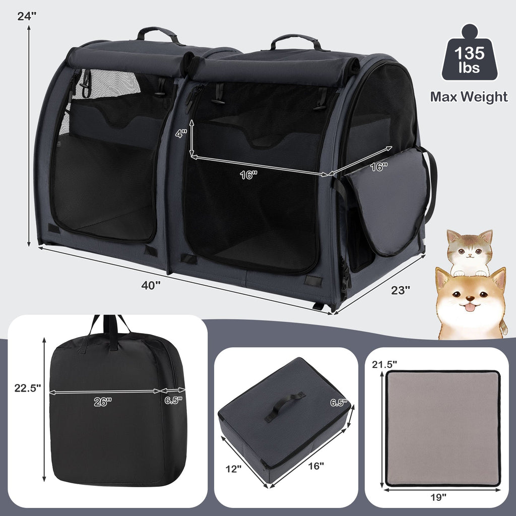 Double Compartment Pet Carrier with 2 Removable Hammocks Black