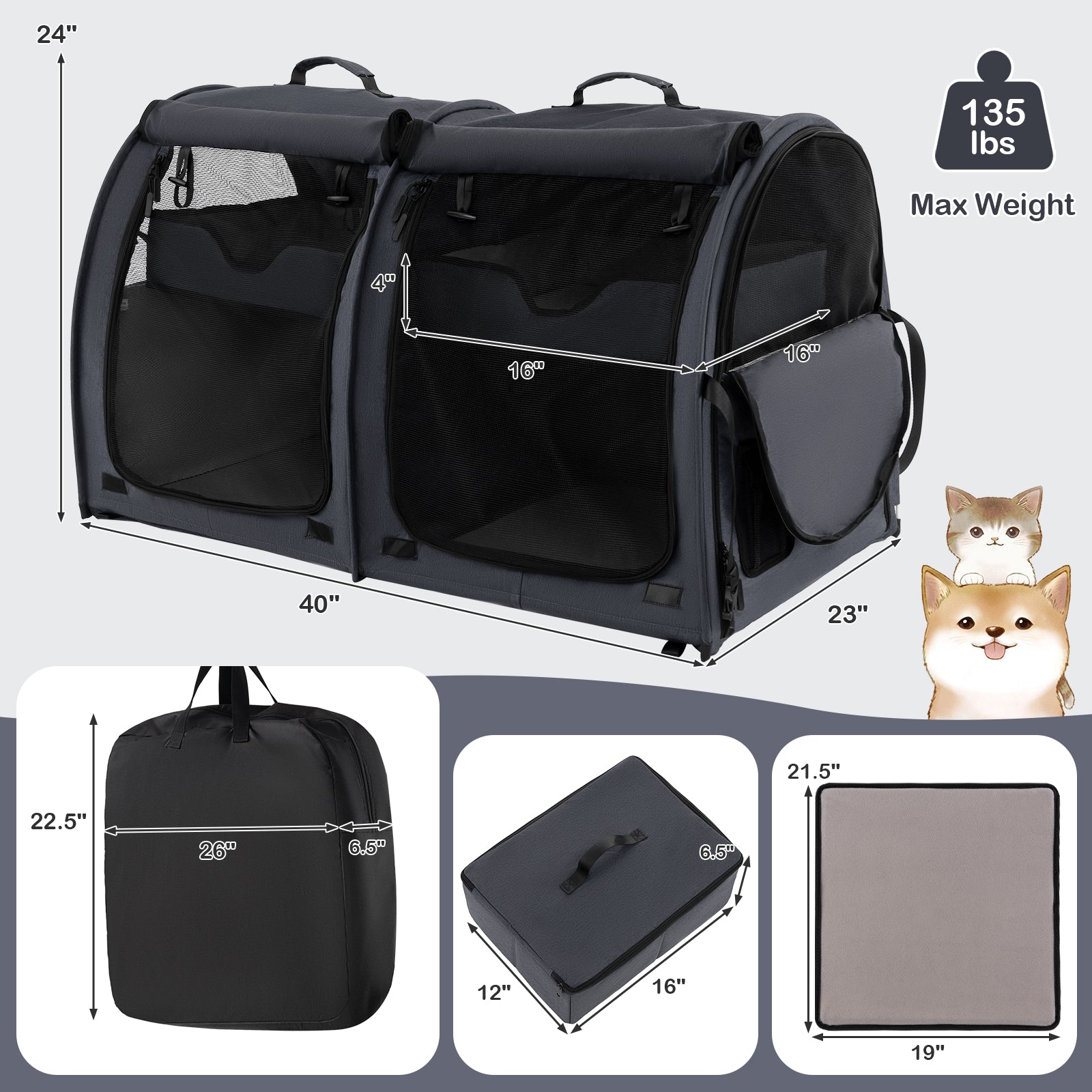 Double Compartment Pet Carrier with 2 Removable Hammocks Black