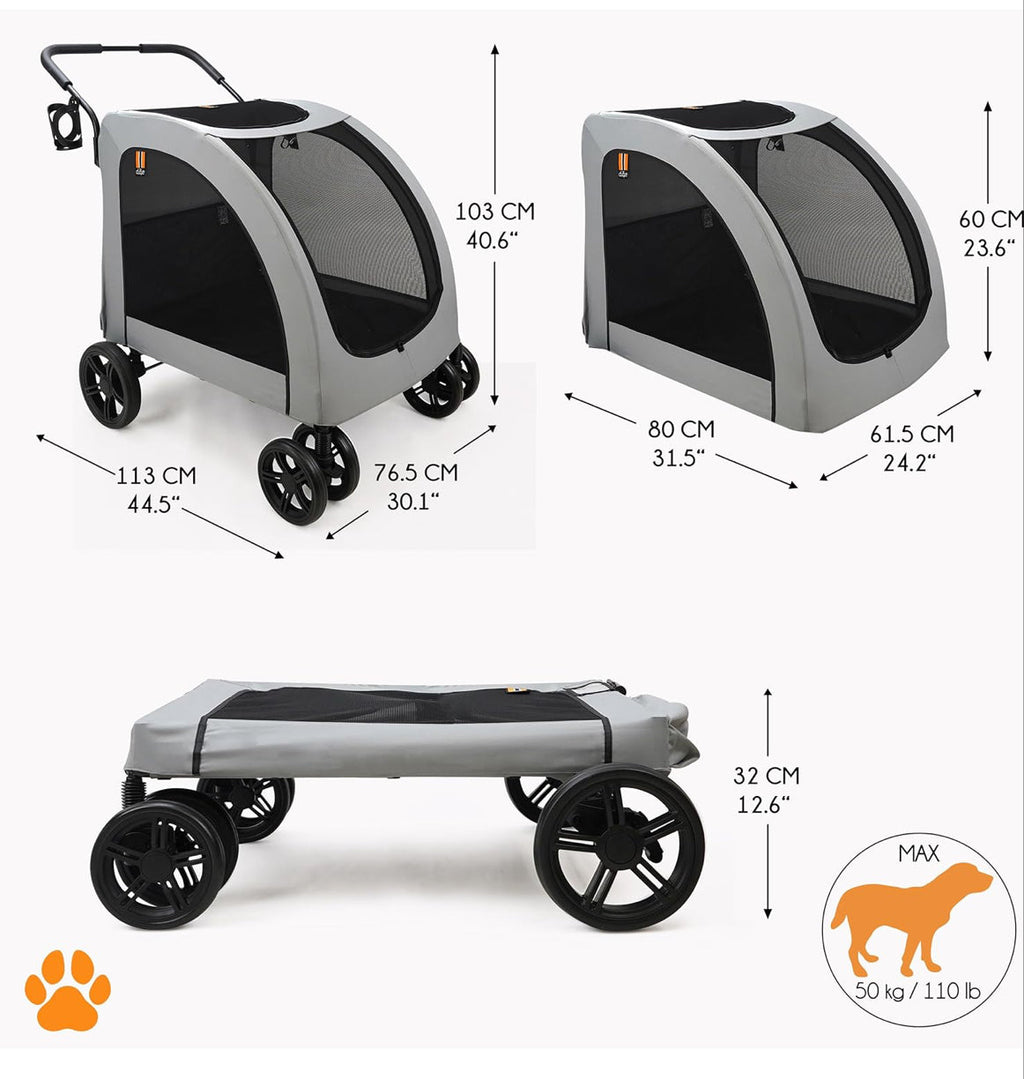 Chester XXL Wide Pet Stroller – Large Dog Buggy with Raincover & Cupholder | 110lb Capacity