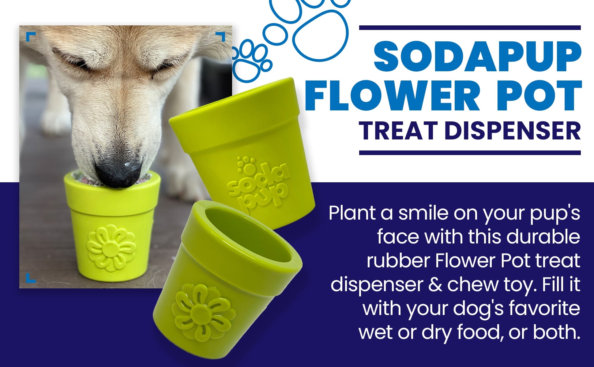 SodaPup Large Flower Pot Dog Treat Dispenser – USA-Made Natural Rubber | 3 Colors
