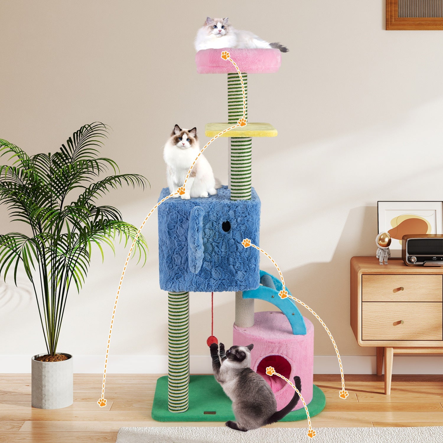 Elephant Themed Cat Tree for Adult Cats Multi-level Kitty Tower with 2 Condos