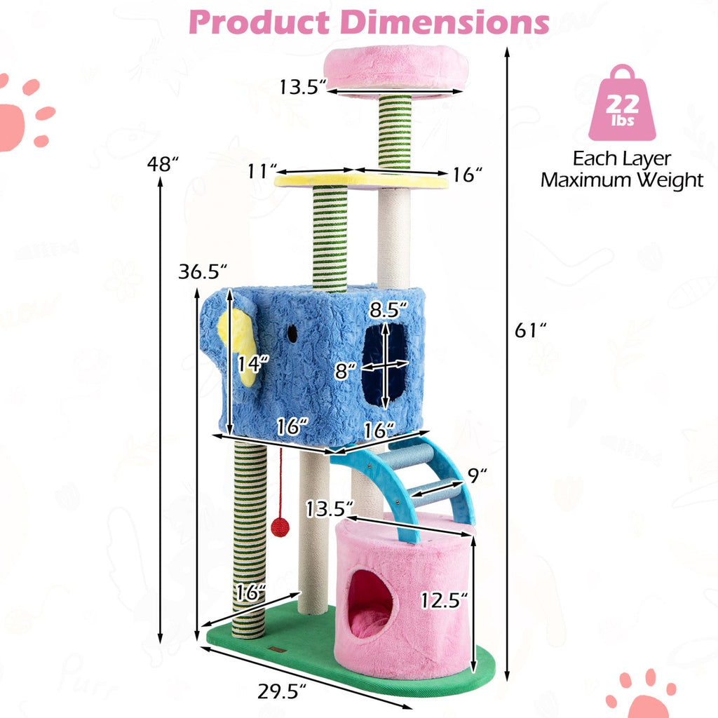 Elephant Themed Cat Tree for Adult Cats Multi-level Kitty Tower with 2 Condos