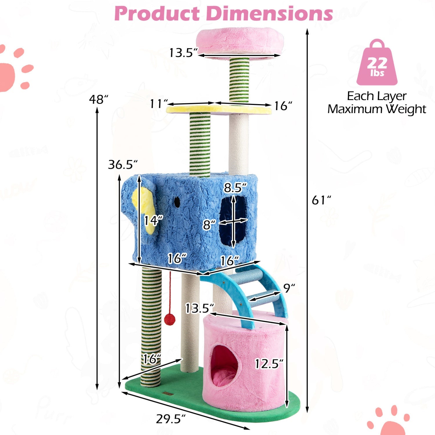 Elephant Themed Cat Tree for Adult Cats Multi-level Kitty Tower with 2 Condos