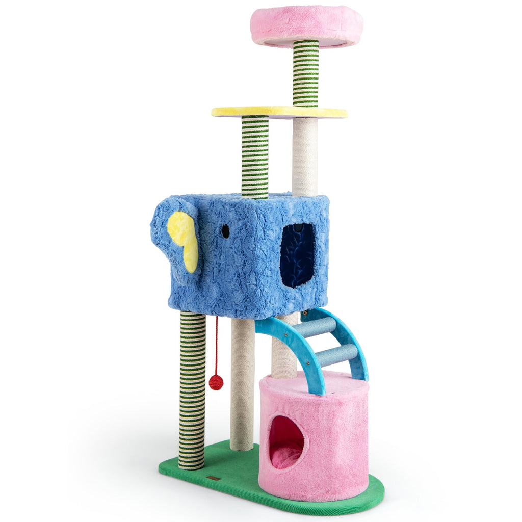 Elephant Themed Cat Tree for Adult Cats Multi-level Kitty Tower with 2 Condos