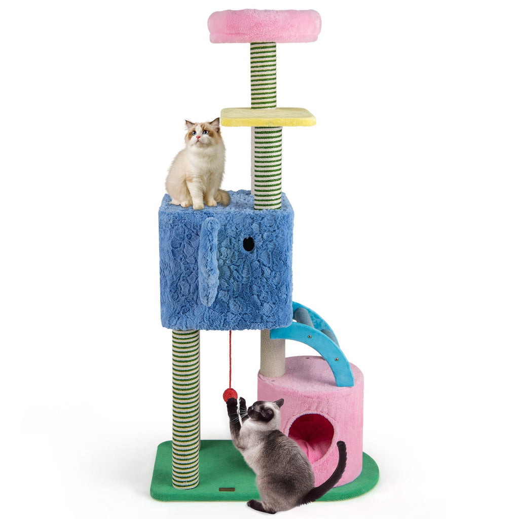 Elephant Themed Cat Tree for Adult Cats Multi-level Kitty Tower with 2 Condos